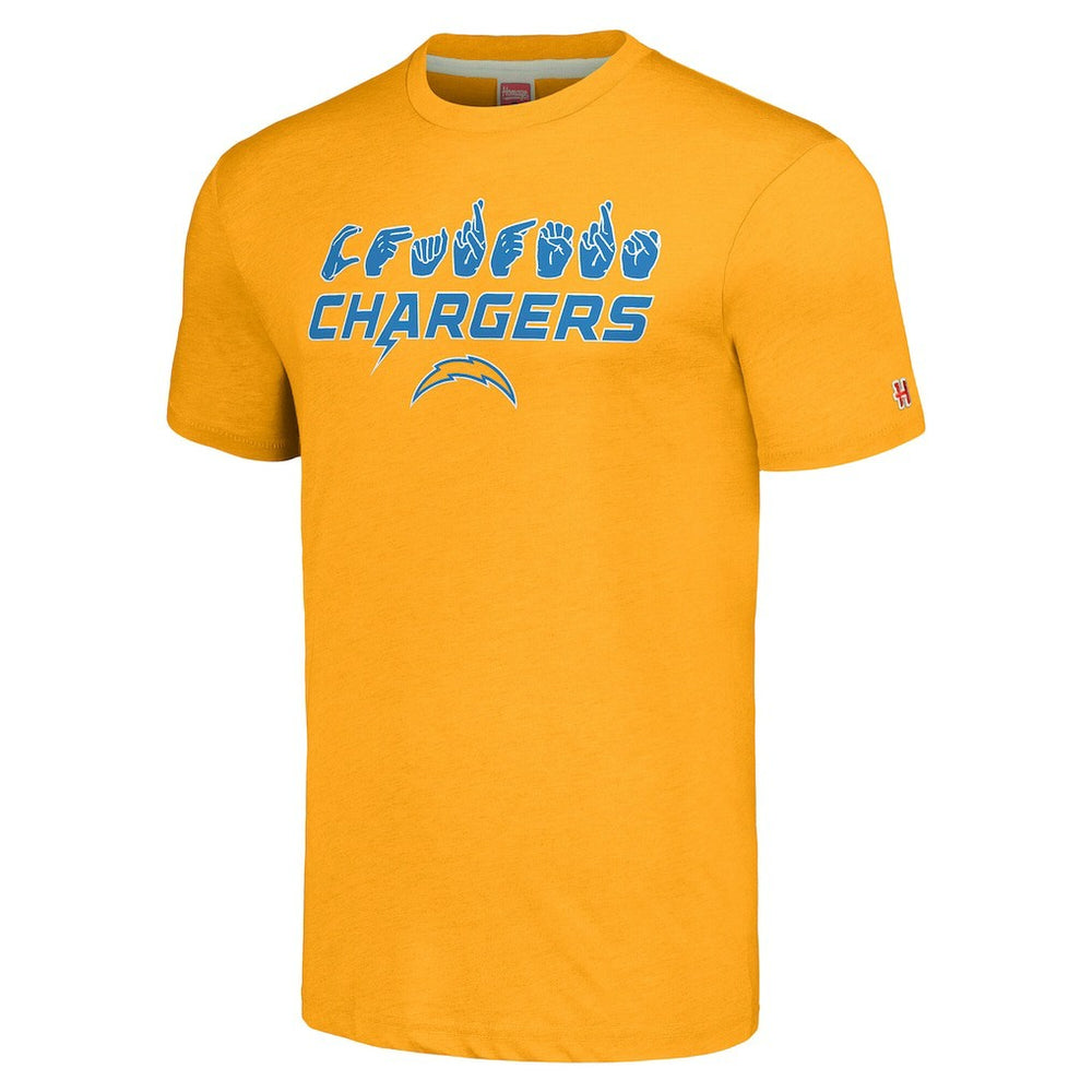 Los Angeles Chargers Homage Unisex The NFL ASL Collection by Love Sign American Sign Language T-Shirt Gold
