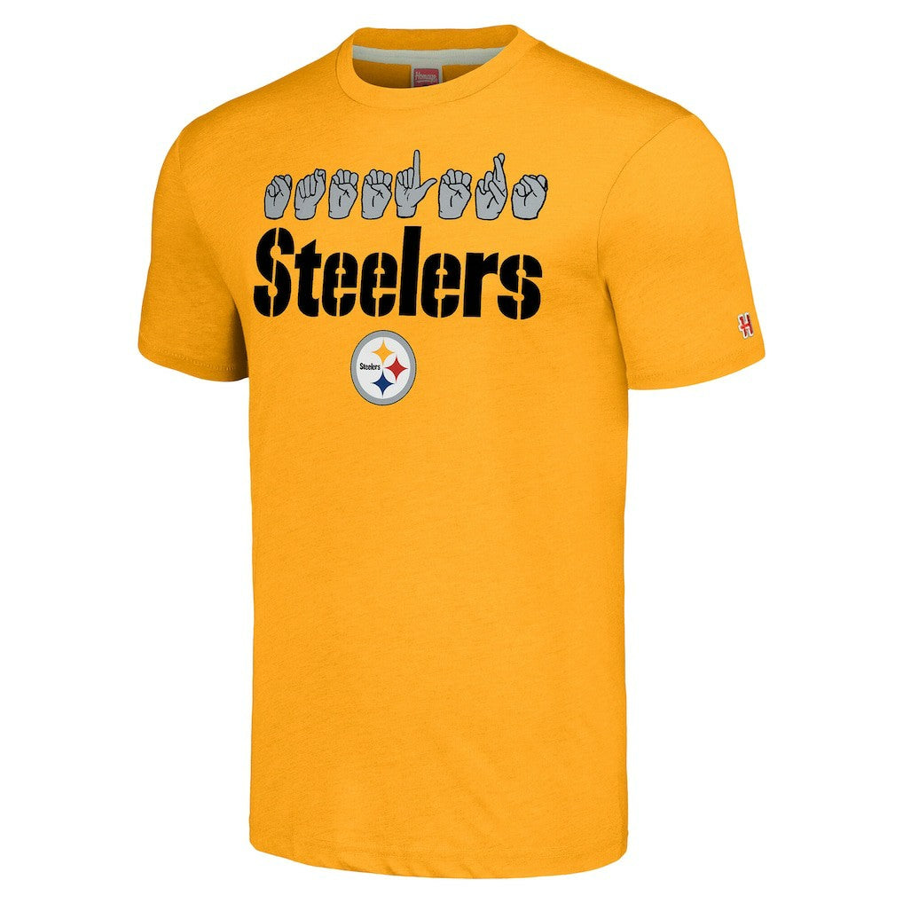 Pittsburgh Steelers Homage Unisex The NFL ASL Collection by Love Sign American Sign Language T-Shirt Gold