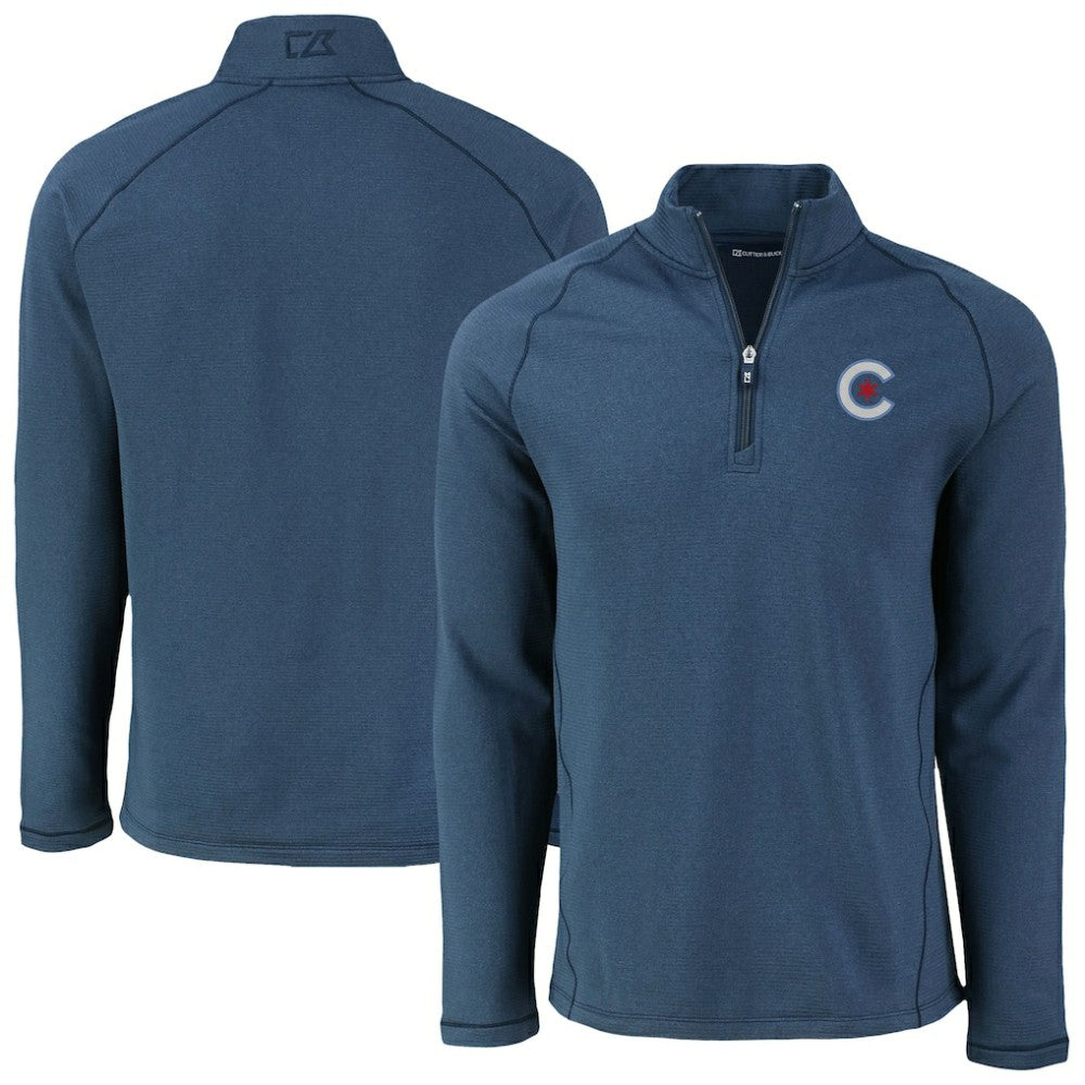 Chicago Cubs Cutter & Buck Peshastin Eco Fleece Recycled Raglan Quarter-Zip Top - Heather Navy Tops