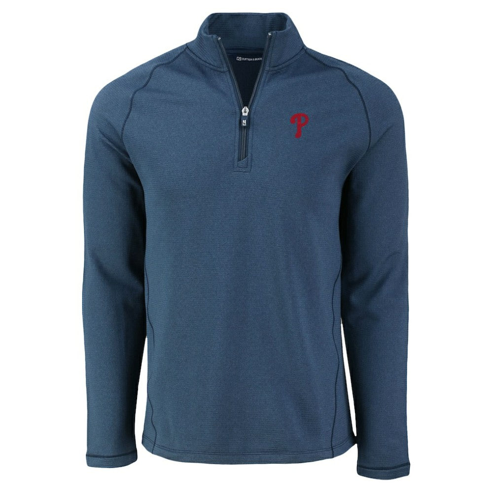 Philadelphia Phillies Cutter & Buck Peshastin Eco Fleece Recycled Raglan Quarter-Zip Top - Heather Navy Tops