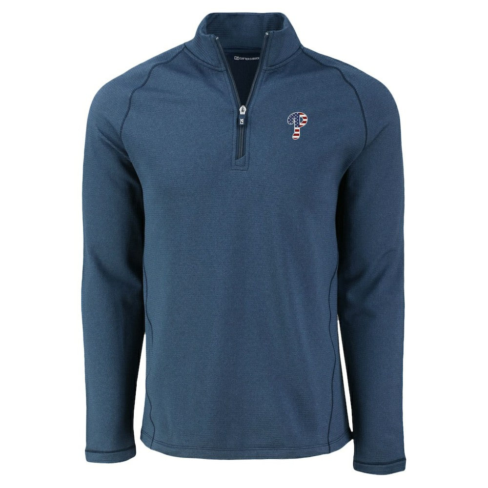 Philadelphia Phillies Cutter & Buck Peshastin Eco Fleece Recycled Raglan Quarter-Zip Top - Heather Navy Tops