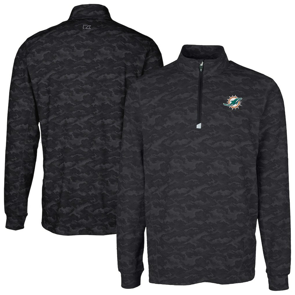 Miami Dolphins Cutter & Buck Big & Tall Traverse Eco Camo Tri-Blend DryTec Quarter-Zip Jacket Black