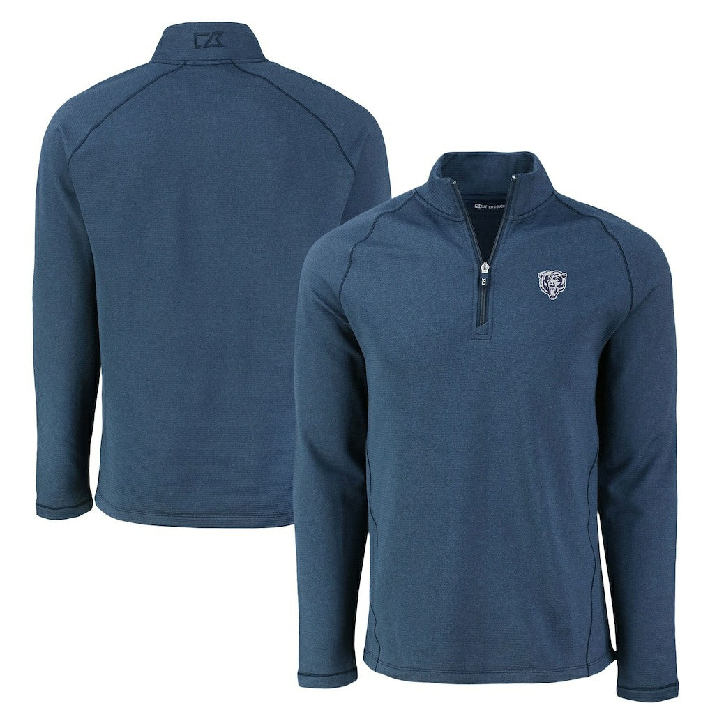 Chicago Bears Cutter & Buck Peshastin Eco Fleece Tri-Blend Raglan Recycled Quarter-Zip Jacket Heather Navy