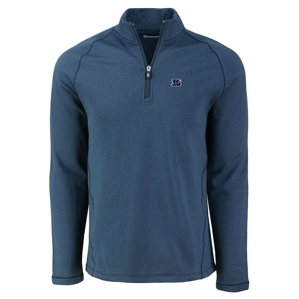 Cincinnati Bengals Cutter & Buck Peshastin Eco Fleece Tri-Blend Raglan Recycled Quarter-Zip Jacket Heather Navy