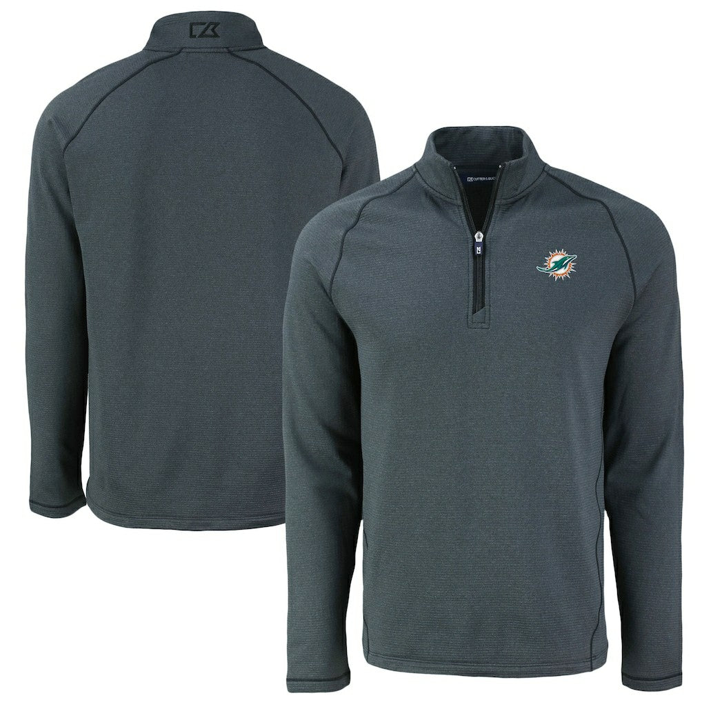 Miami Dolphins Cutter & Buck Peshastin Eco Fleece Tri-Blend Raglan Recycled Quarter-Zip Jacket Heather Black