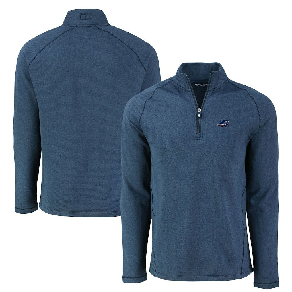 Miami Dolphins Cutter & Buck Peshastin Eco Fleece Tri-Blend Raglan Recycled Quarter-Zip Jacket Heather Navy