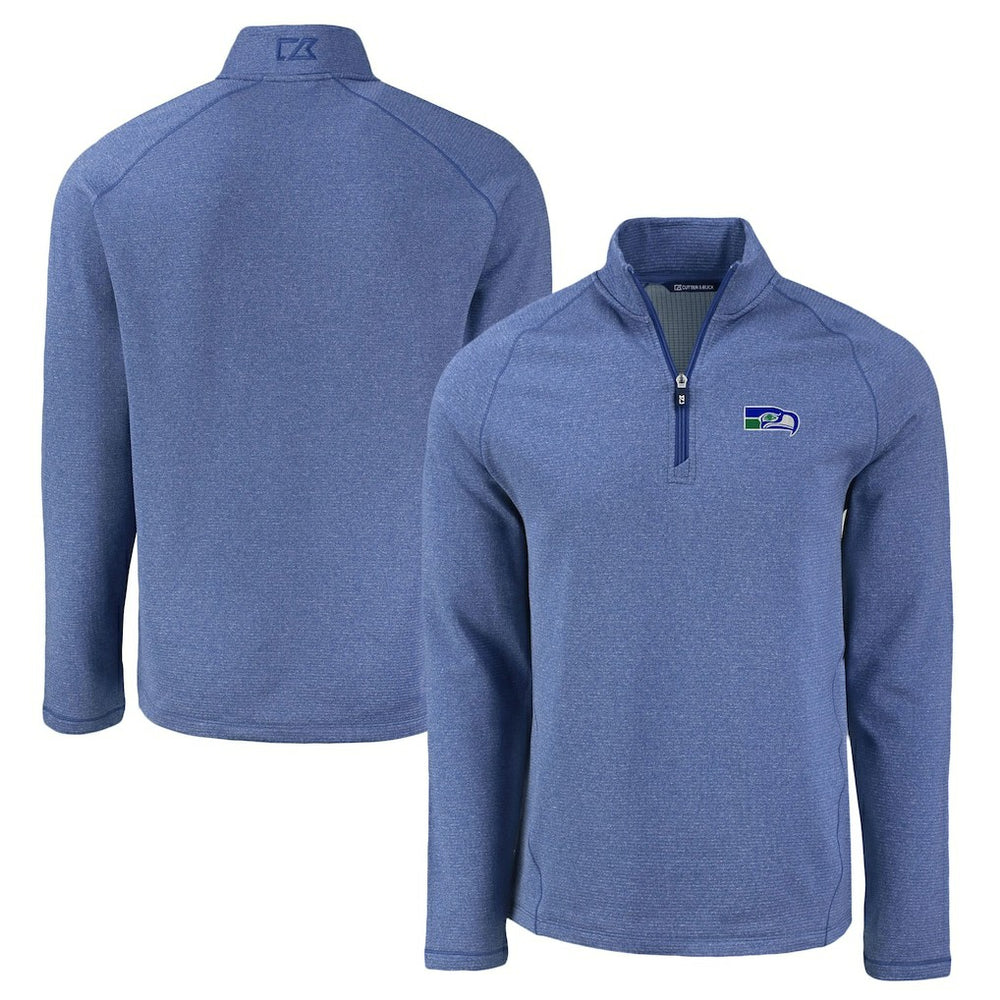 Seattle Seahawks Cutter & Buck Peshastin Eco Fleece Tri-Blend Raglan Recycled Quarter-Zip Jacket Heather Royal