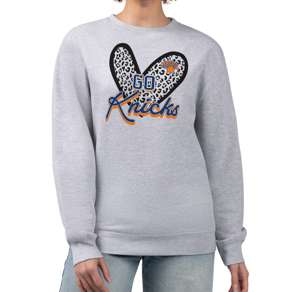 New York Knicks G-III 4Her by Carl Banks Women's Leopard Heart Fleece Pullover Sweatshirt Heather Gray