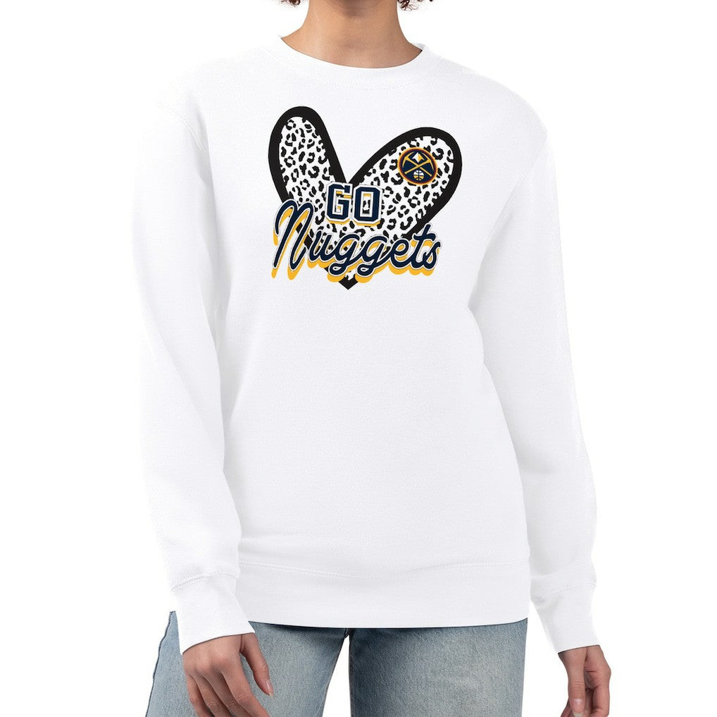 Denver Nuggets G-III 4Her by Carl Banks Women's Leopard Heart Fleece Pullover Sweatshirt White