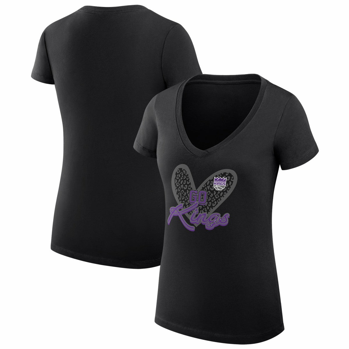 Sacramento Kings G-III 4Her by Carl Banks Women's Super-Slim Fit Lightweight Leopard Heart V-Neck T-Shirt Black