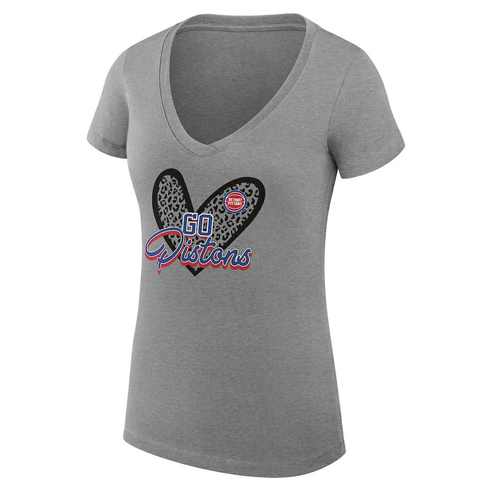 Detroit Pistons G-III 4Her by Carl Banks Women's Super-Slim Fit Lightweight Leopard Heart V-Neck T-Shirt Heather Gray