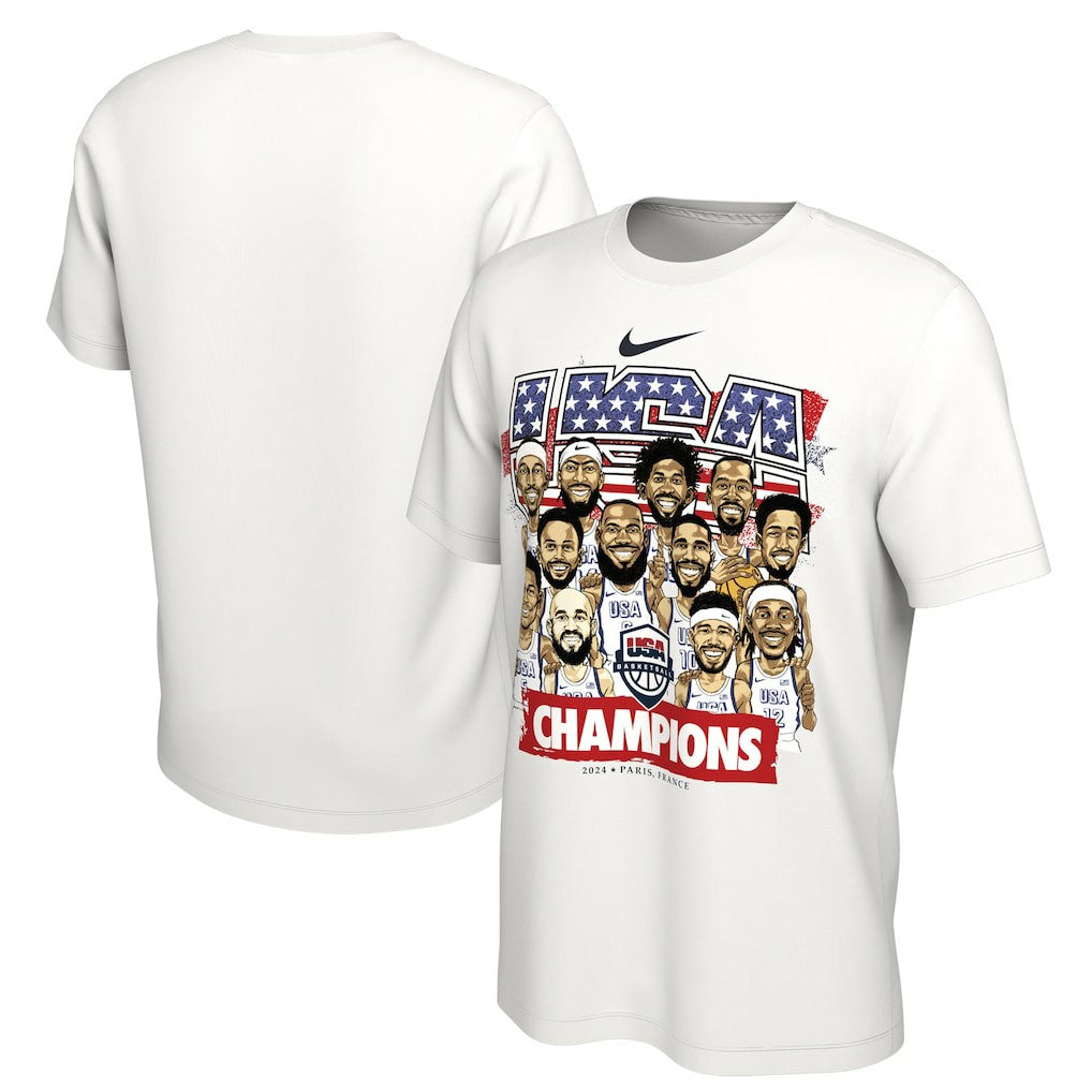 USA Men's Basketball Unisex 2024 Summer Olympics Gold Medal Team Caricature T-Shirt White