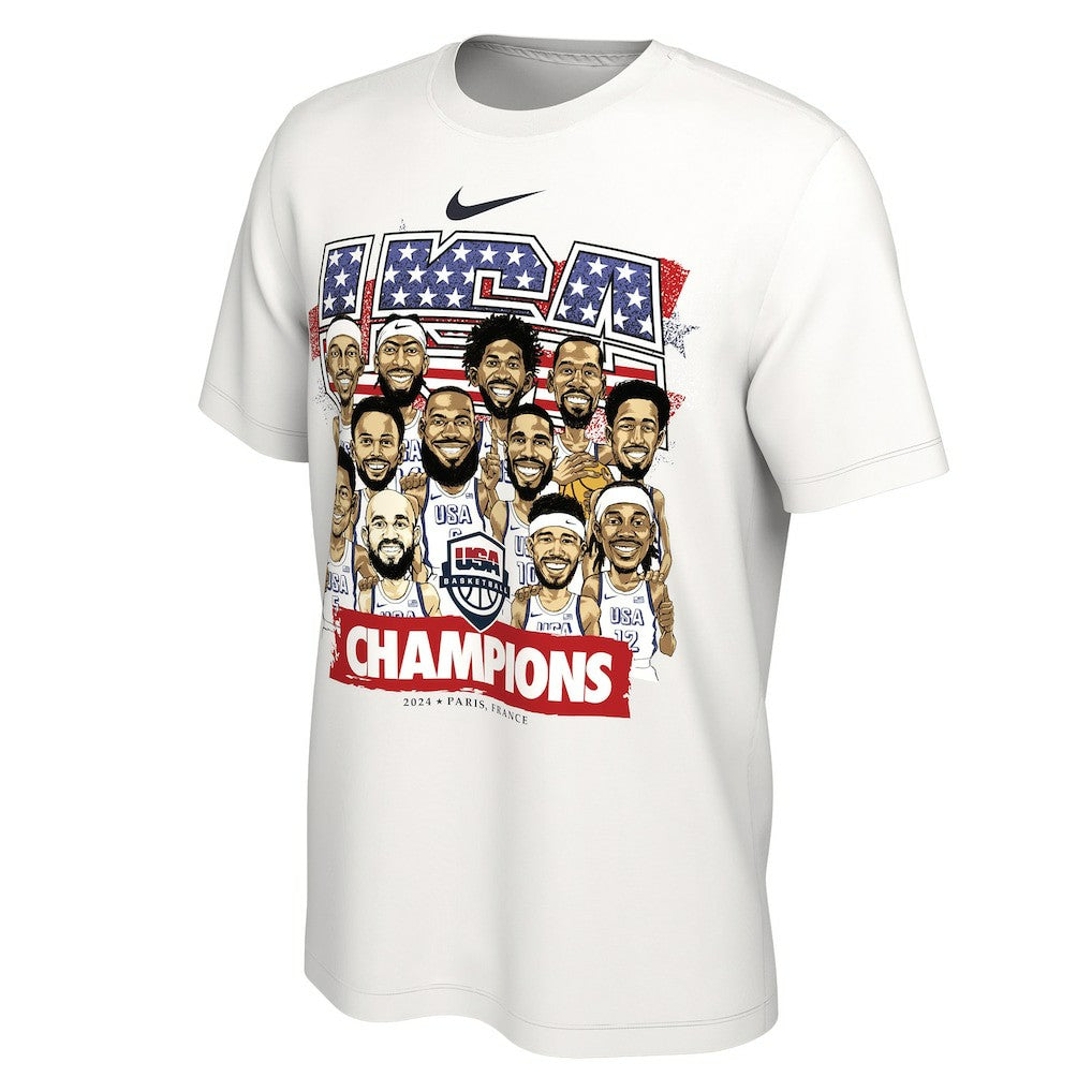 USA Men's Basketball Unisex 2024 Summer Olympics Gold Medal Team Caricature T-Shirt White