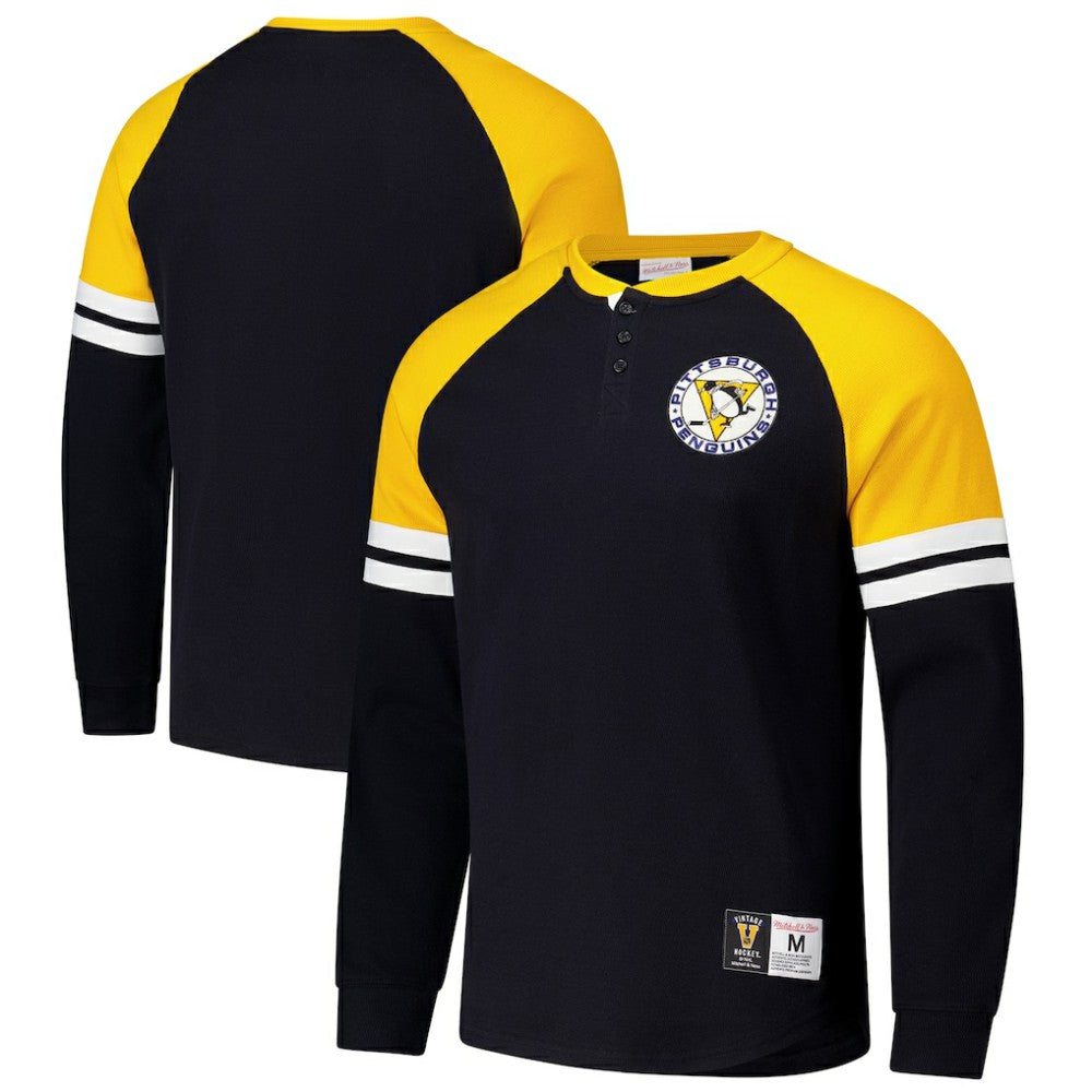 NHL Pittsburgh Penguins Mitchell & Ness Thermal Henley Long Sleeve T-Shirt - Black