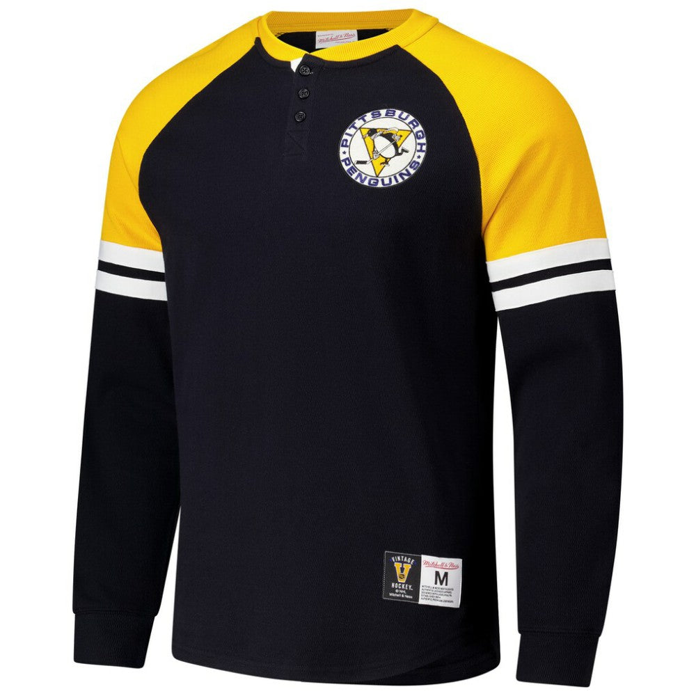 NHL Pittsburgh Penguins Mitchell & Ness Thermal Henley Long Sleeve T-Shirt - Black
