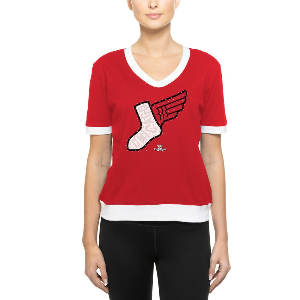 Chicago White Sox New Era Women's 2025 City Connect Rhinestone V-Neck T-Shirt - Red T-shirts