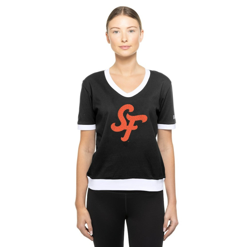 San Francisco Giants New Era Women's 2025 City Connect Rhinestone V-Neck T-Shirt - Black T-shirts