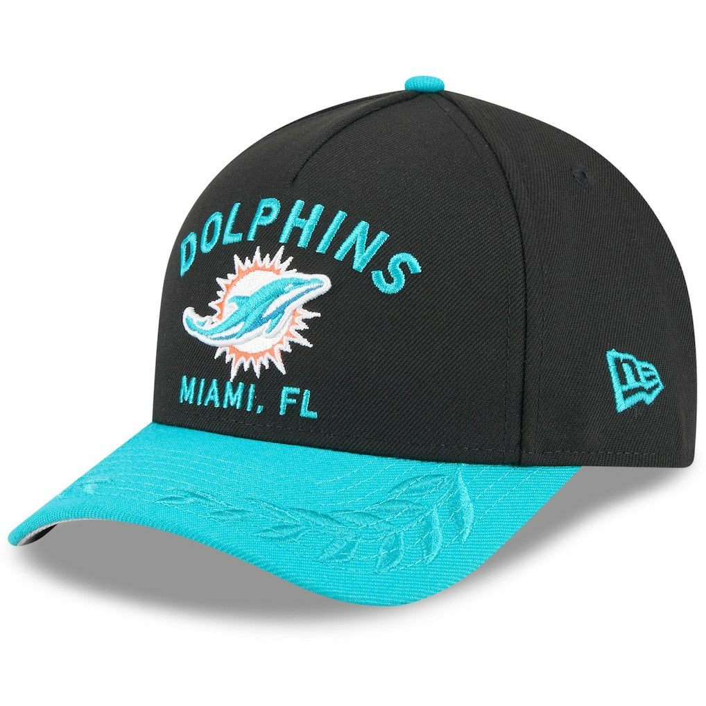 Miami Dolphins New Era 2025 NFL Draft 9FORTY A-Frame M-Crown Adjustable Hat Black/Aqua