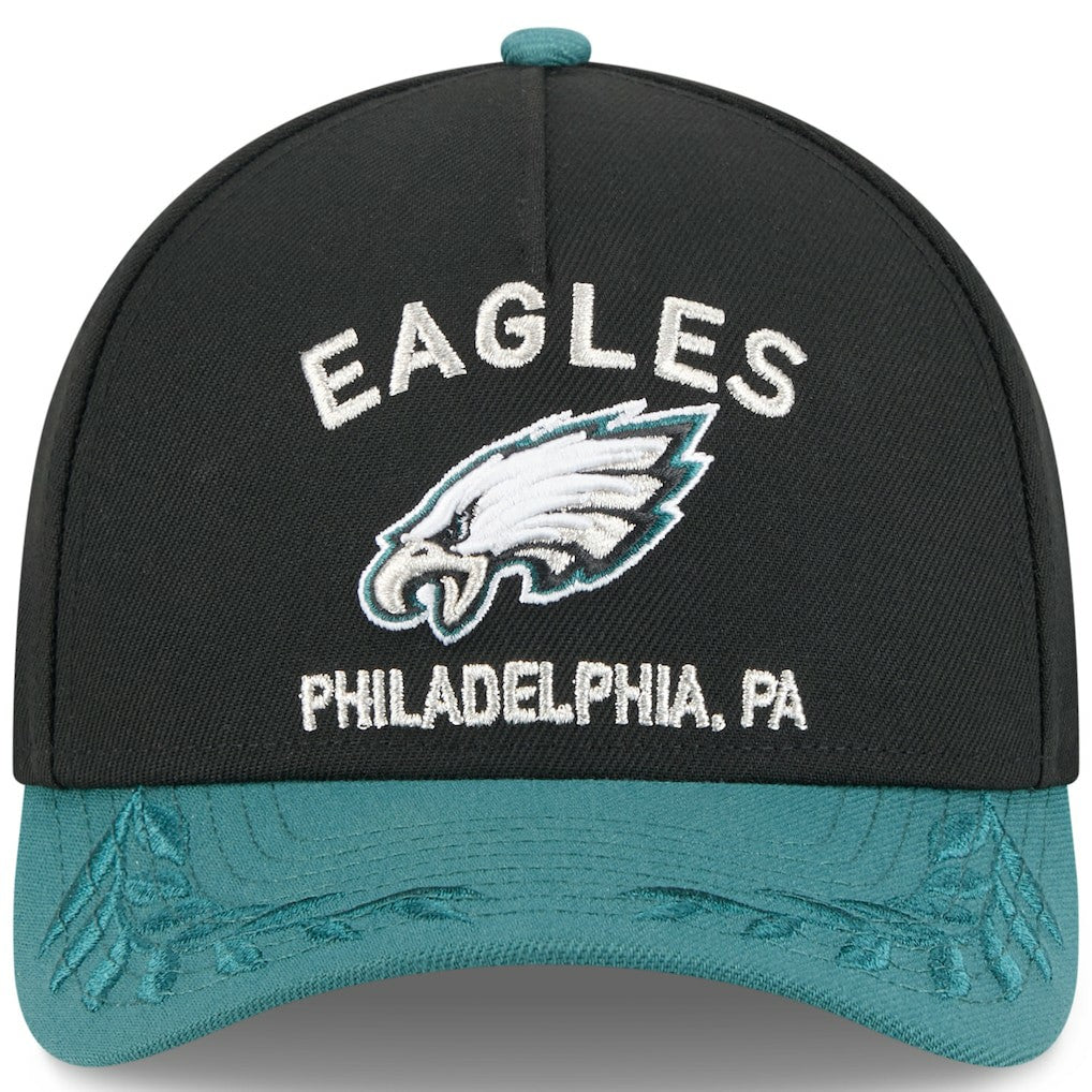 Philadelphia Eagles New Era 2025 NFL Draft 9FORTY A-Frame M-Crown Adjustable Hat Black/Midnight Green