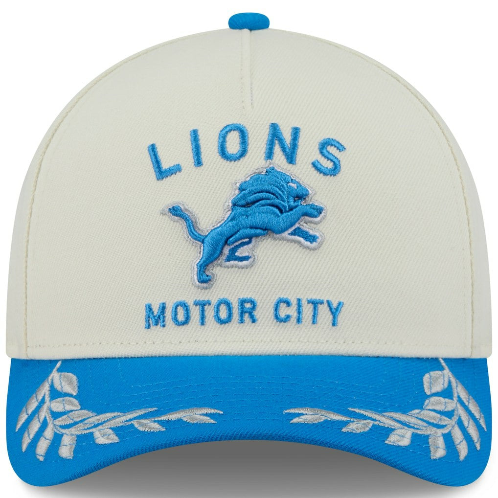 Detroit Lions New Era 2025 NFL Draft 9FORTY A-Frame M-Crown Adjustable Hat Cream/Blue