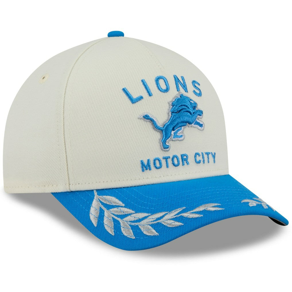 Detroit Lions New Era 2025 NFL Draft 9FORTY A-Frame M-Crown Adjustable Hat Cream/Blue