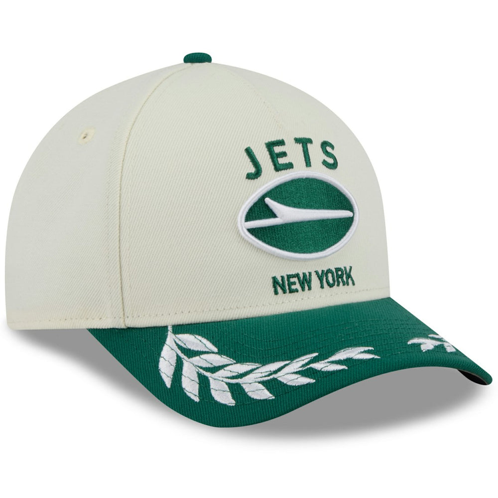New York Jets New Era 2025 NFL Draft 9FORTY A-Frame M-Crown Adjustable Hat Cream/Green