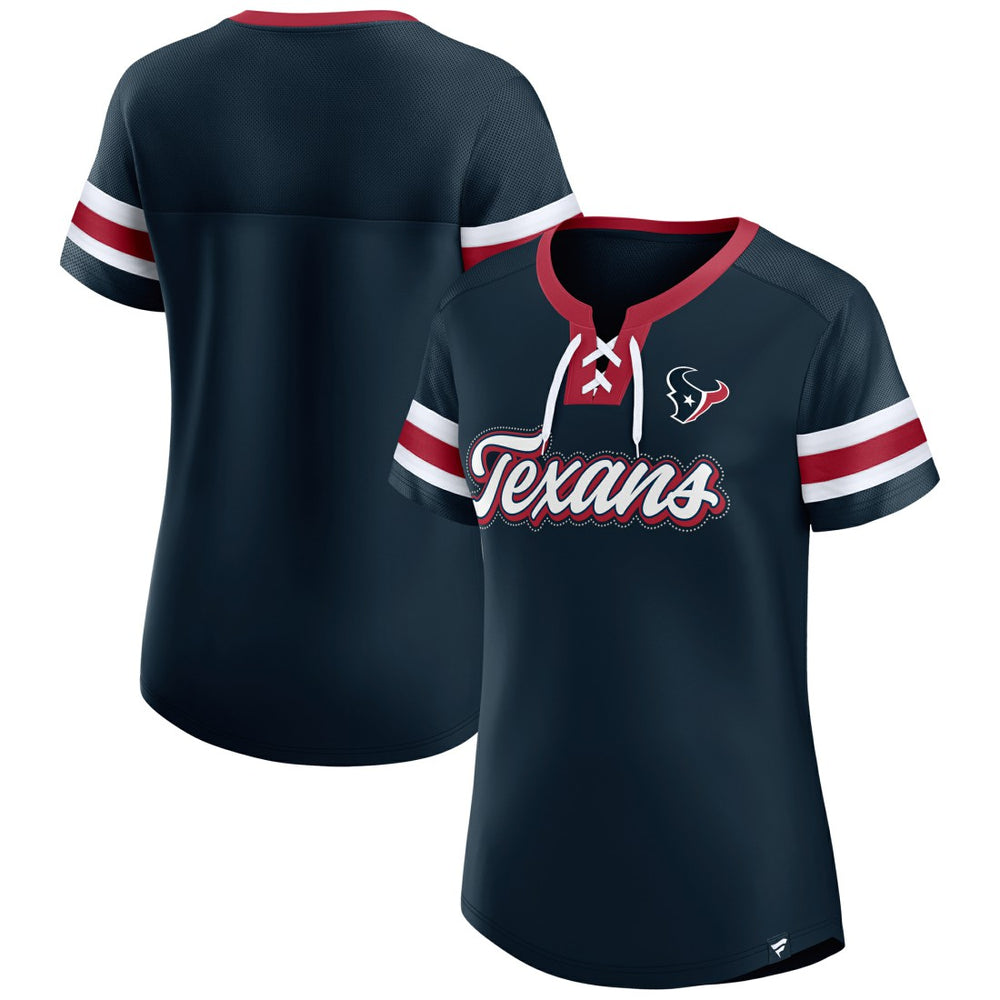 Houston Texans Women's Iconic Bling Athena Lace-Up V-Neck T-Shirt Navy