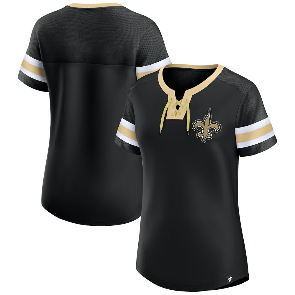 New Orleans Saints Women's Bling Athena Jersey Style Lace-up T-Shirt Black