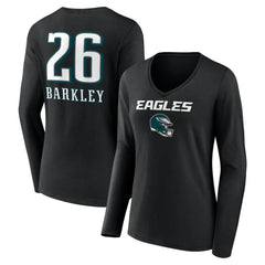 Saquon Barkley Philadelphia Eagles Women's Name & Number Team Wordmark Long Sleeve V-Neck T-Shirt Black