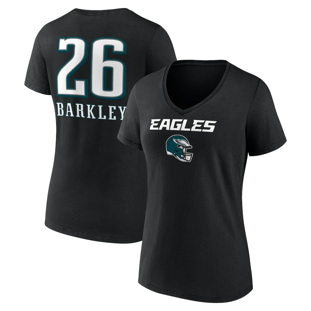 Saquon Barkley Philadelphia Eagles Women's Name & Number Team Wordmark V-Neck T-Shirt Black