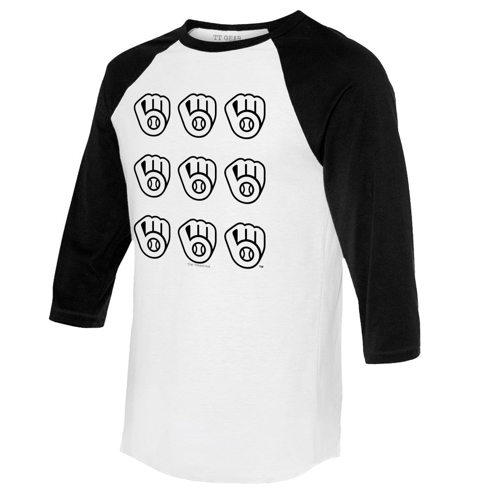Milwaukee Brewers Tiny Turnip Women's Logo Grid 3/4 Sleeve Raglan T-Shirt - White/Black T-shirts