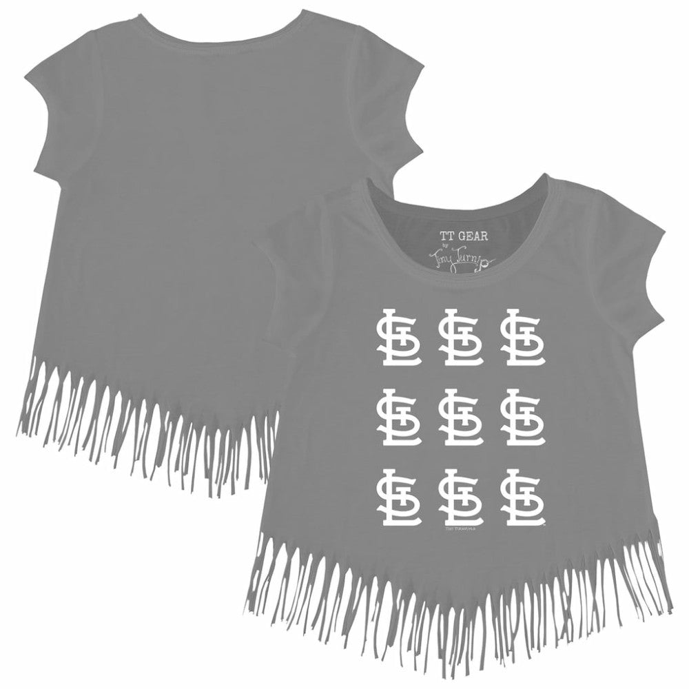 St. Louis Cardinals Tiny Turnip Girls Youth Logo Grid Fringe T-Shirt - Gray T-shirts