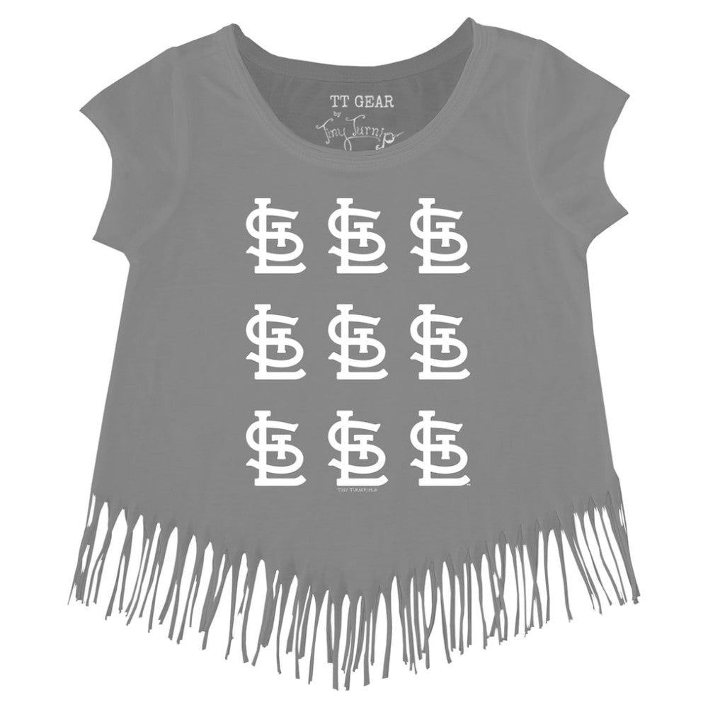 St. Louis Cardinals Tiny Turnip Girls Youth Logo Grid Fringe T-Shirt - Gray T-shirts