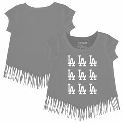Los Angeles Dodgers Tiny Turnip Girls Youth Logo Grid Fringe T-Shirt - Gray T-shirts