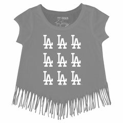 Los Angeles Dodgers Tiny Turnip Girls Youth Logo Grid Fringe T-Shirt - Gray T-shirts