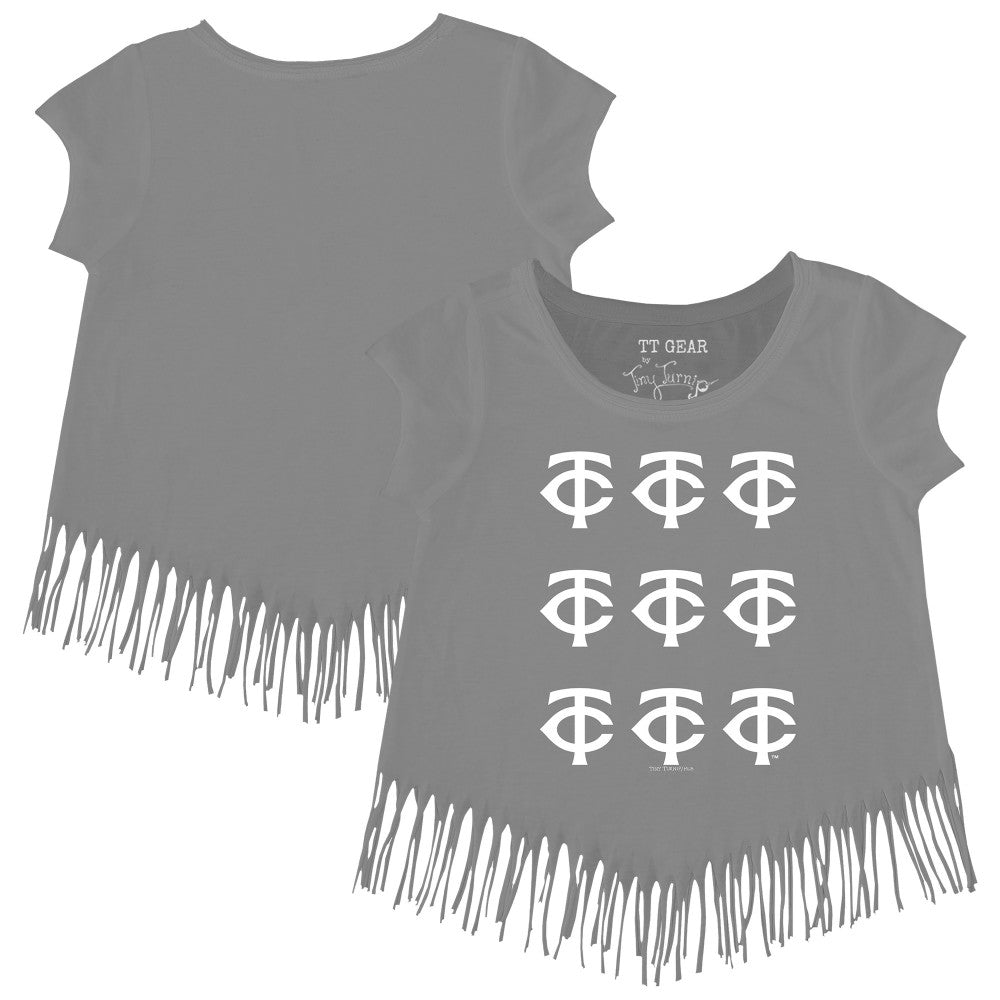 Minnesota Twins Tiny Turnip Girls Youth Logo Grid Fringe T-Shirt - Gray T-shirts