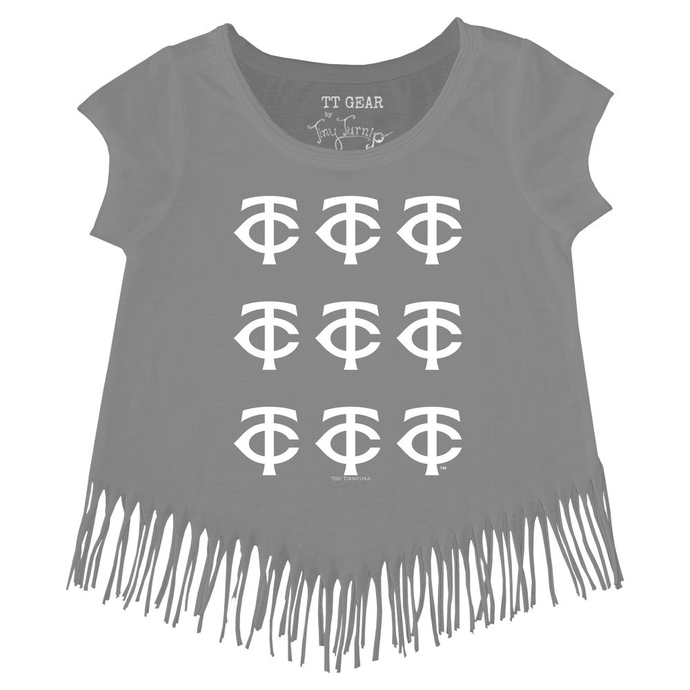 Minnesota Twins Tiny Turnip Girls Youth Logo Grid Fringe T-Shirt - Gray T-shirts