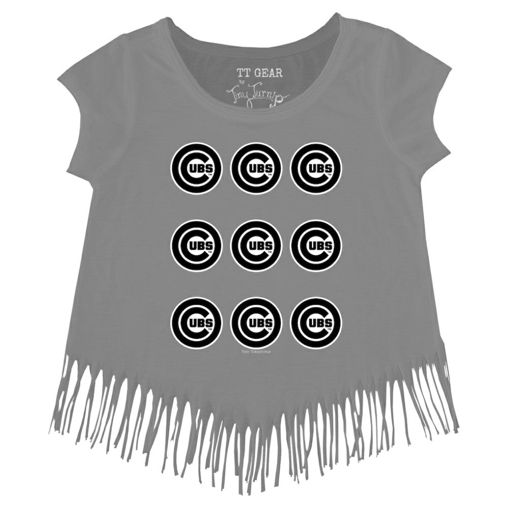 Chicago Cubs Tiny Turnip Girls Youth Logo Grid Fringe T-Shirt - Gray T-shirts