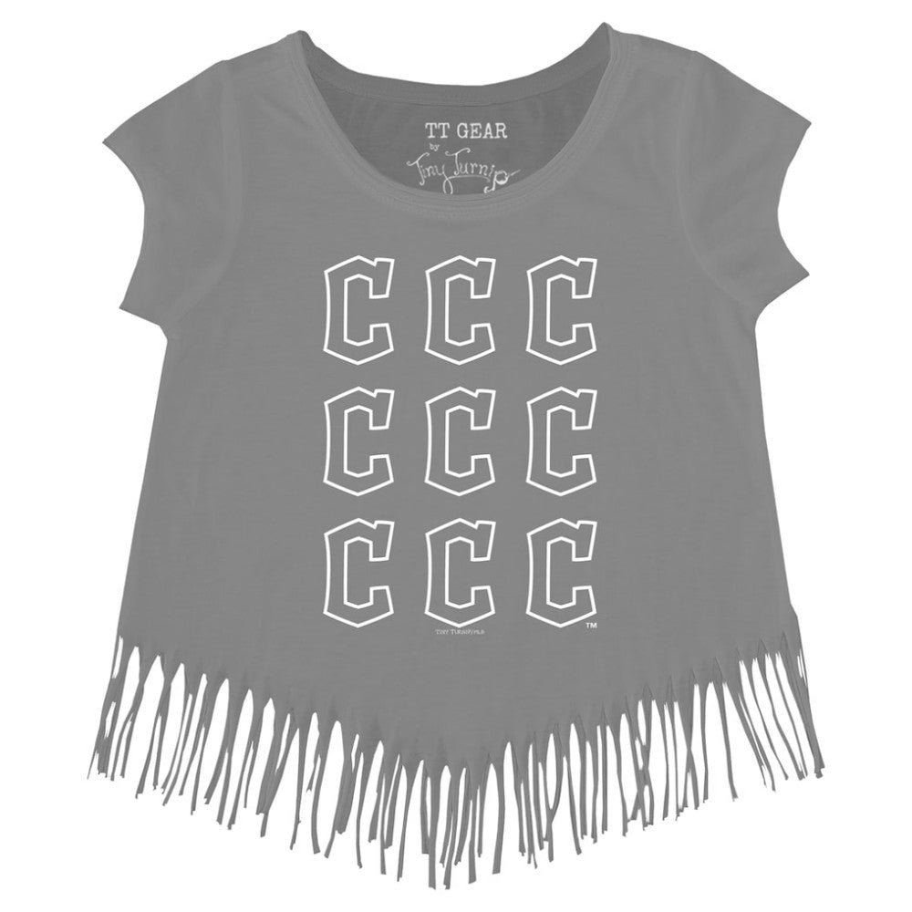 Cleveland Guardians Tiny Turnip Girls Youth Logo Grid Fringe T-Shirt - Gray T-shirts