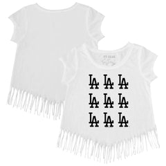 Los Angeles Dodgers Tiny Turnip Girls Youth Logo Grid Fringe T-Shirt - White T-shirts