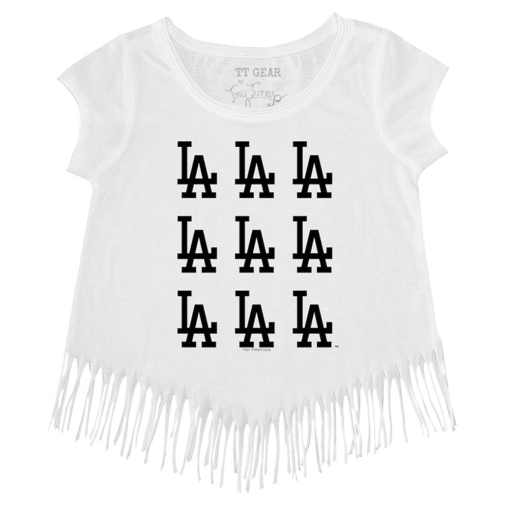 Los Angeles Dodgers Tiny Turnip Girls Youth Logo Grid Fringe T-Shirt - White T-shirts