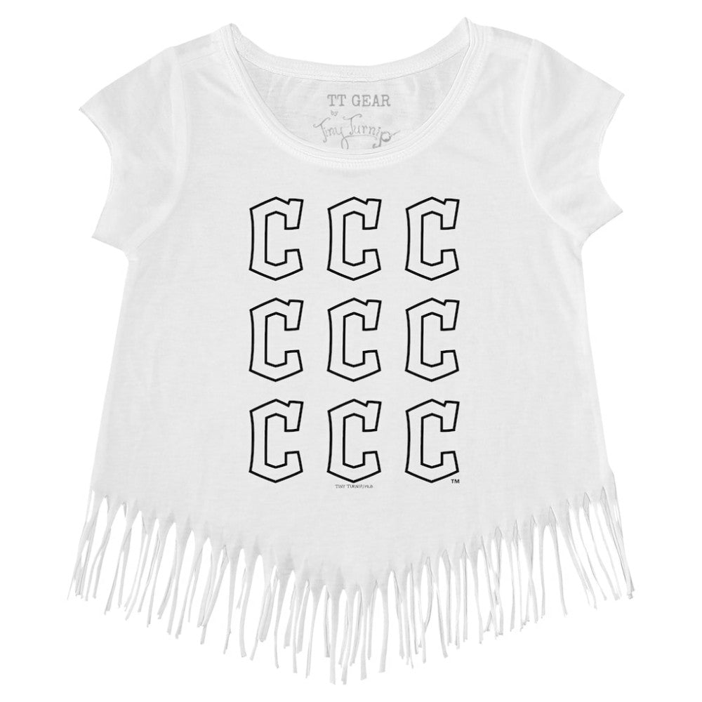 Cleveland Guardians Tiny Turnip Girls Youth Logo Grid Fringe T-Shirt - White T-shirts
