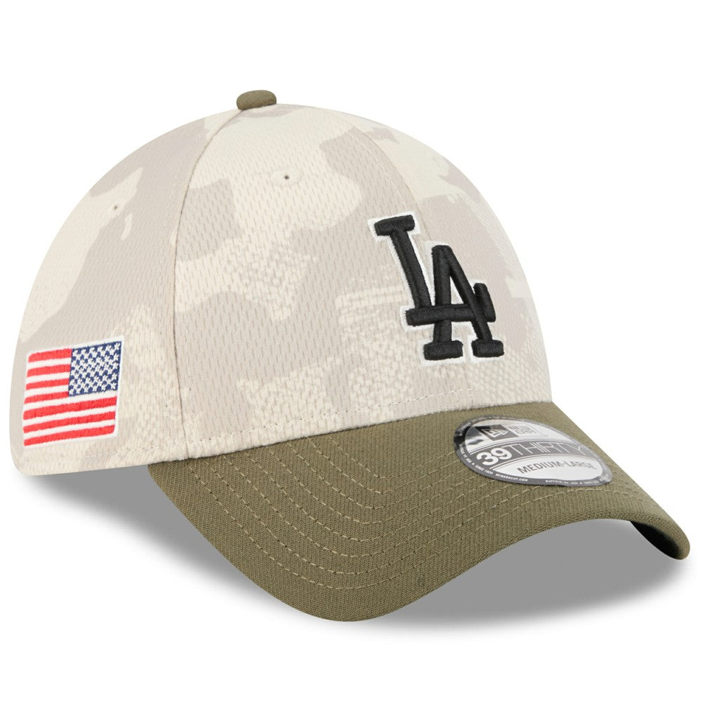Los Angeles Dodgers New Era 2025 Armed Forces Day 39THIRTY Flex Hat - Light Beige/Olive Hats