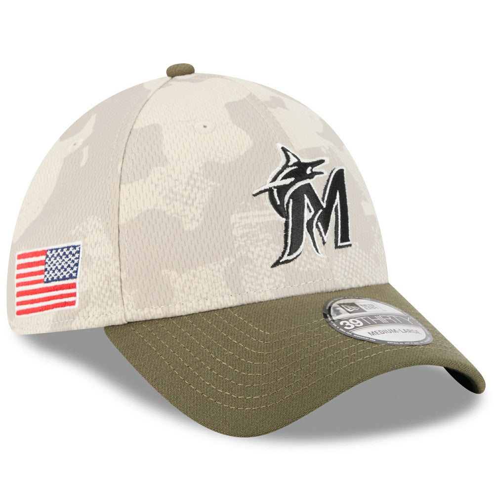Miami Marlins New Era 2025 Armed Forces Day 39THIRTY Flex Hat - Light Beige/Olive Hats