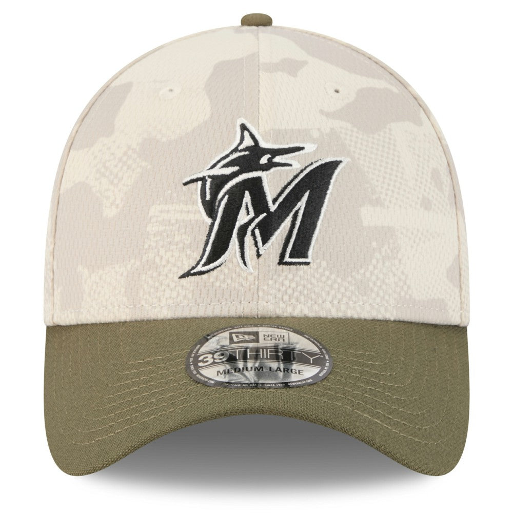 Miami Marlins New Era 2025 Armed Forces Day 39THIRTY Flex Hat - Light Beige/Olive Hats