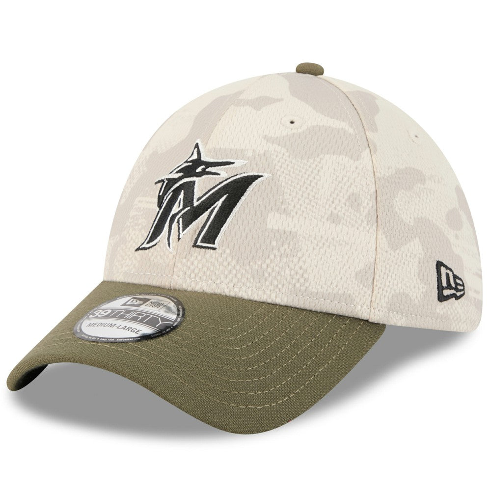Miami Marlins New Era 2025 Armed Forces Day 39THIRTY Flex Hat - Light Beige/Olive Hats