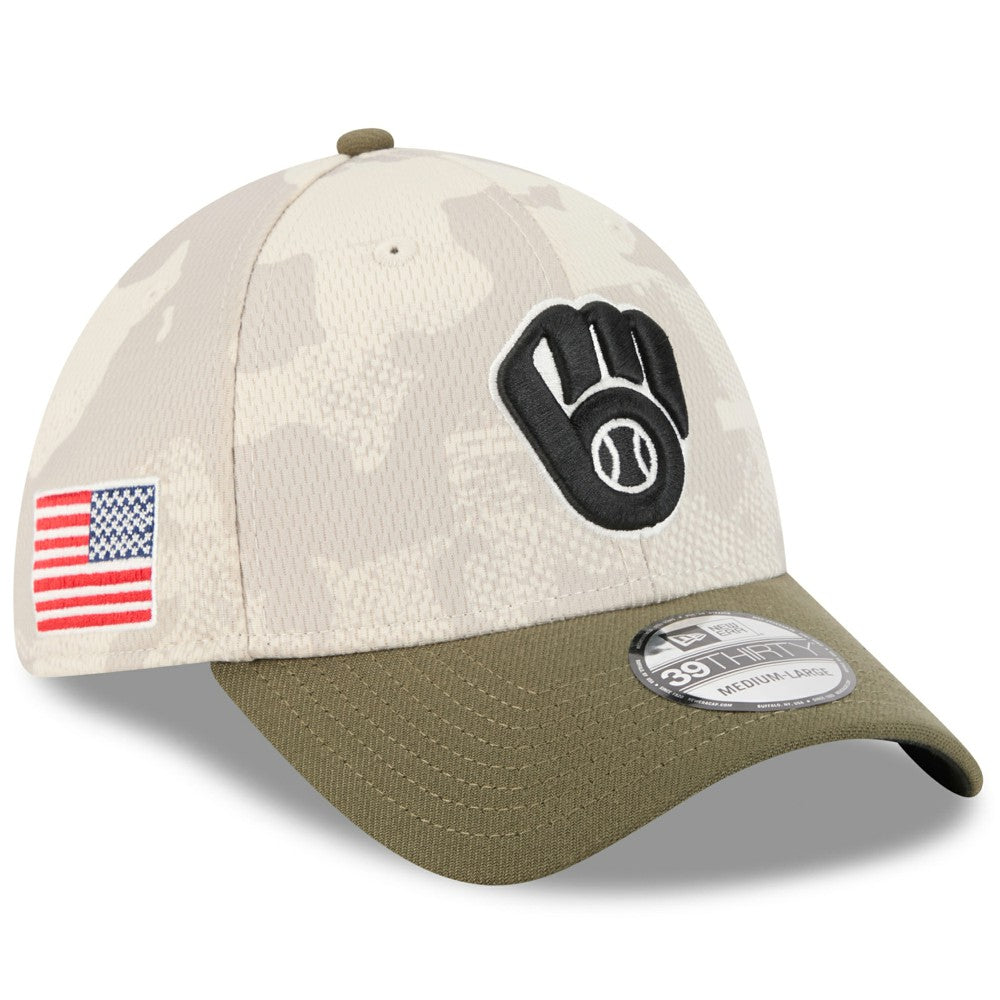 Milwaukee Brewers New Era 2025 Armed Forces Day 39THIRTY Flex Hat - Light Beige/Olive Hats