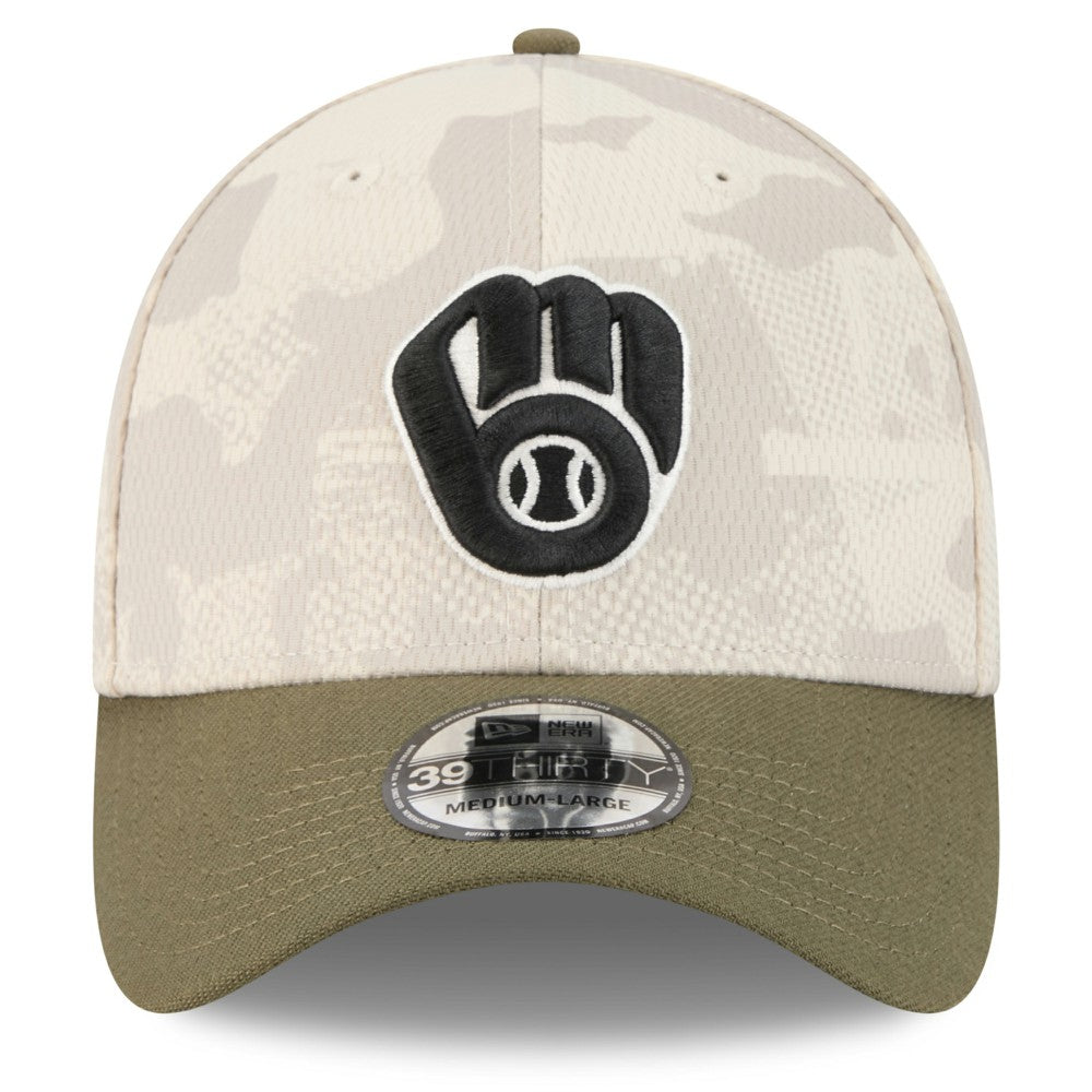 Milwaukee Brewers New Era 2025 Armed Forces Day 39THIRTY Flex Hat - Light Beige/Olive Hats