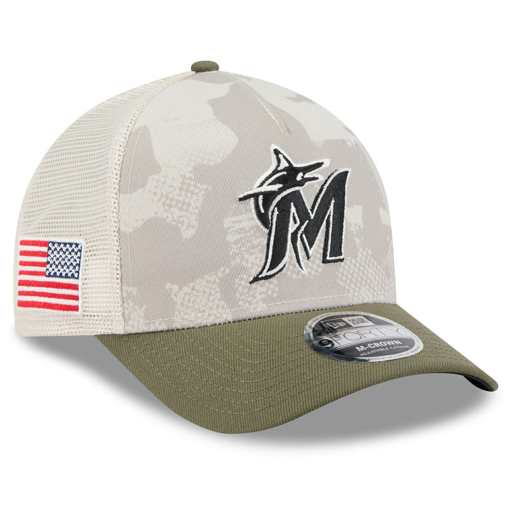 Miami Marlins New Era 2025 Armed Forces Day 9FORTY M-Crown A-Frame Adjustable Hat - Light Beige/Olive Hats