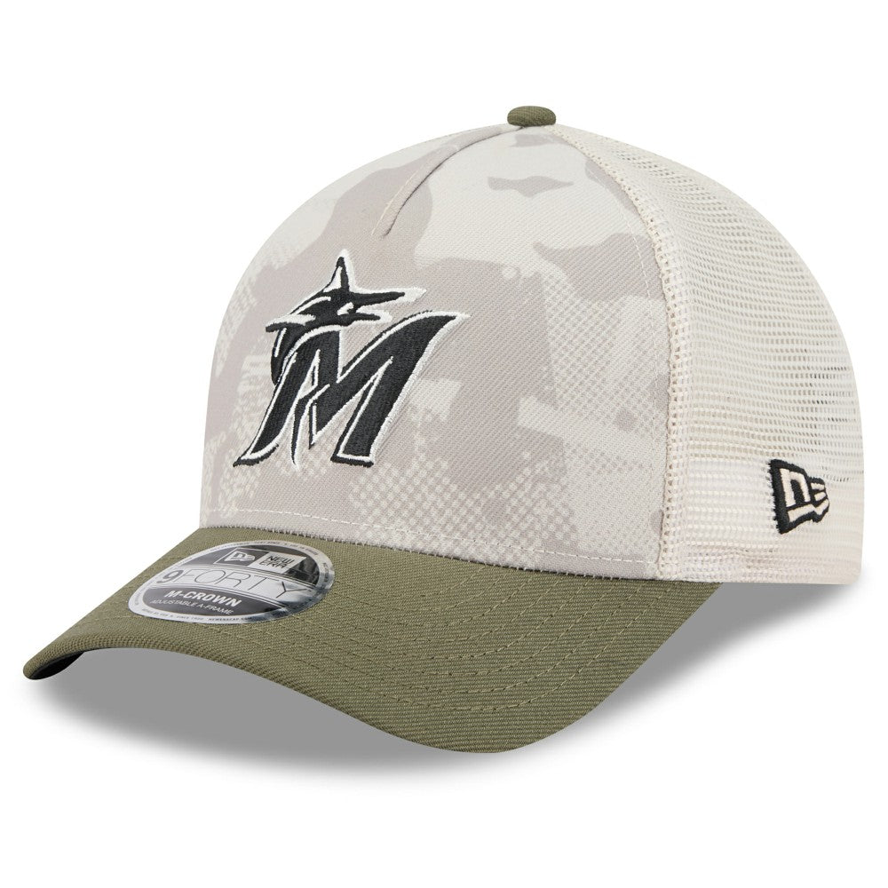 Miami Marlins New Era 2025 Armed Forces Day 9FORTY M-Crown A-Frame Adjustable Hat - Light Beige/Olive Hats